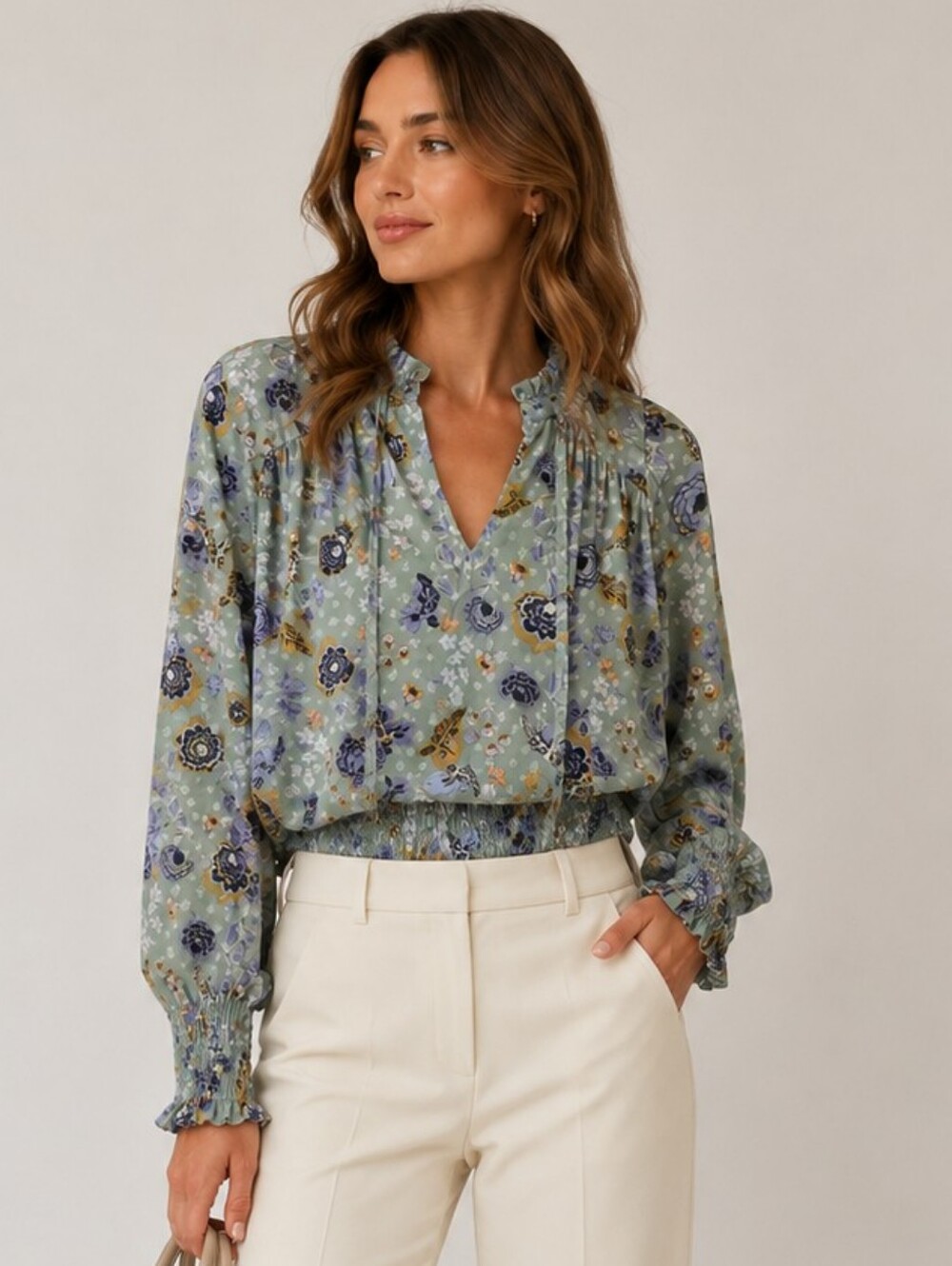 Rachel Zoe | Green Floral Smocked Waist Long-Sleeve Blouse, Size M